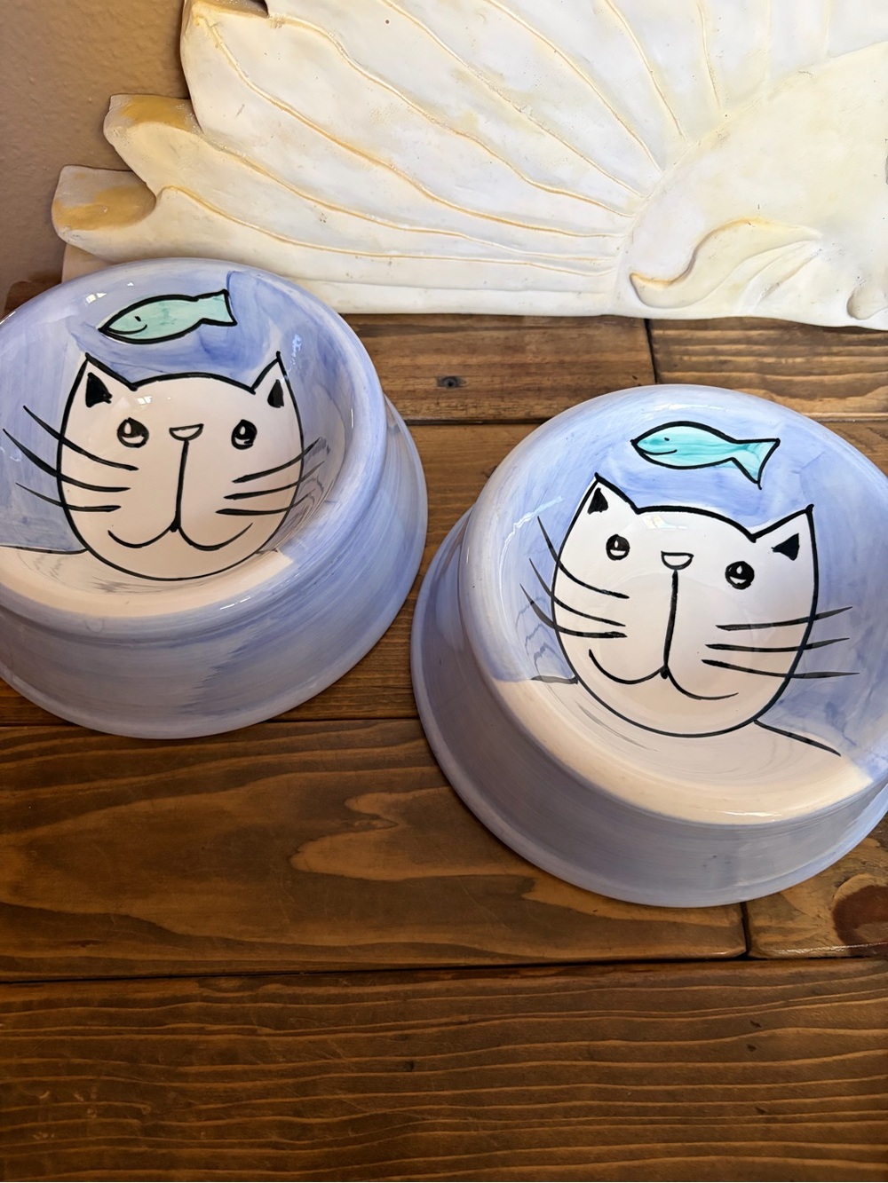 Hand Painted Ceramic Cat and Fish Large Cat Bowl Dishes Light Blue and White